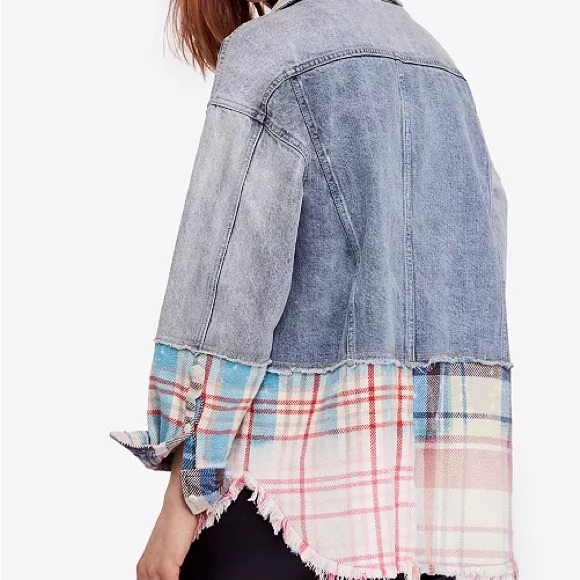 Free People Sirius Cotton Plaid-Contrast Denim Jacket - Picture 2 of 8